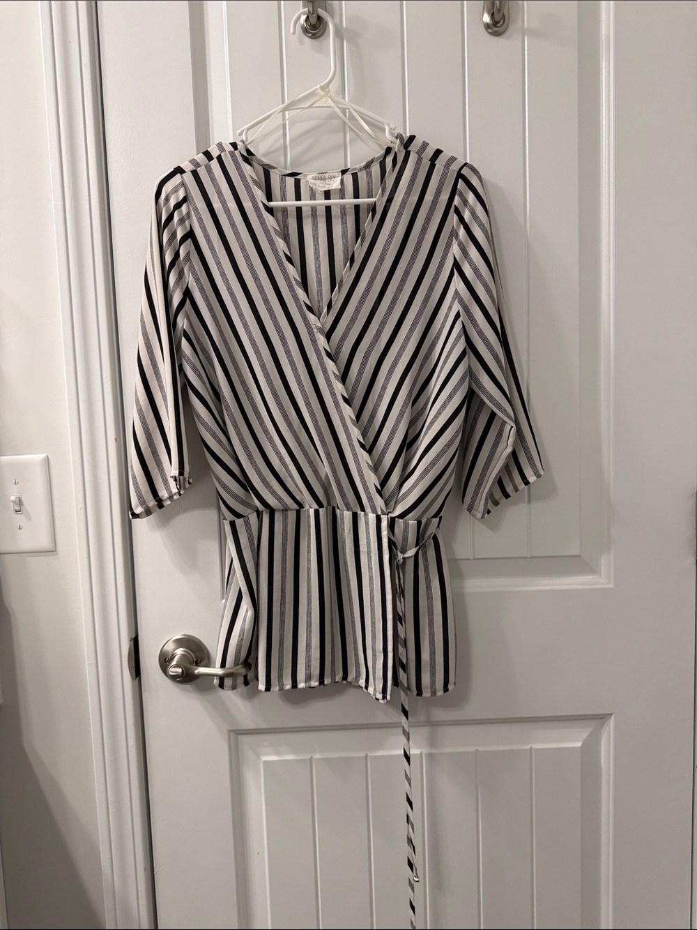 Sienna sky Large Striped Wrap Peplum Top - Black & White